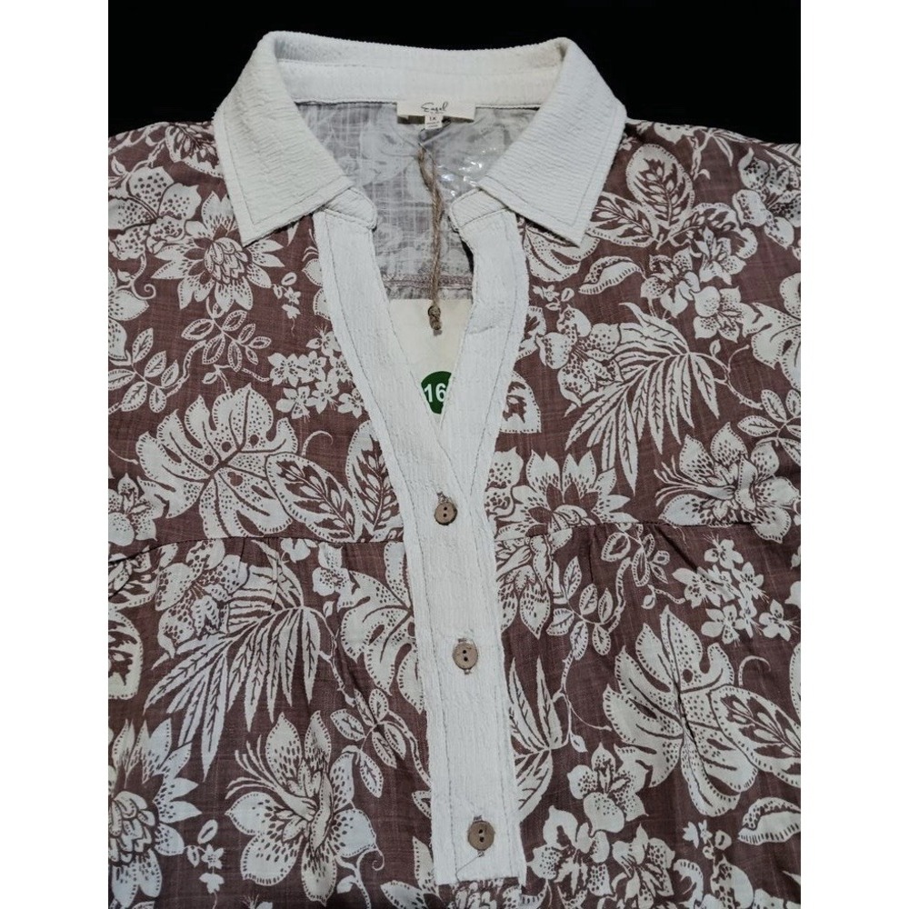 Easel Los Angeles 1X Oversized Tunic Top Boho Floral Brown Tan Floral V-Neck‎